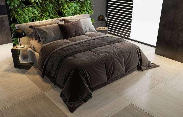 istock Modern minimalist bedroom with double bed and vertical garden on wall 2146942647