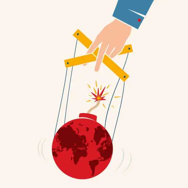 Vector illustration of Vector vintage poster with hand controls Earth like a puppet. World control. World like bomb.