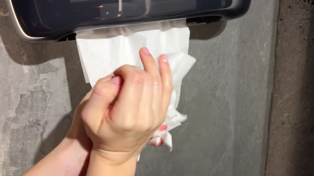 paper towels stock video footage of white paper tissue in metal container box standing on table outdoors in street sunny restaurant. Female hand takes one paper napking blowing by wind