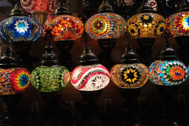 Colorful decorative mosaic lamps consisting of Ottoman style traditional motifs
