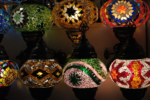Colorful decorative mosaic lamps consisting of Ottoman style traditional motifs