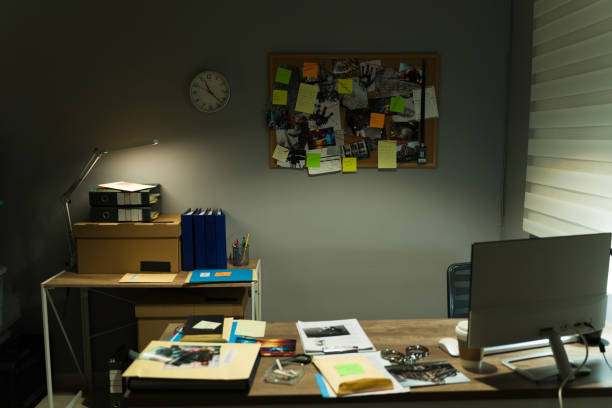 Shadowy investigator office with evidence board and research materials