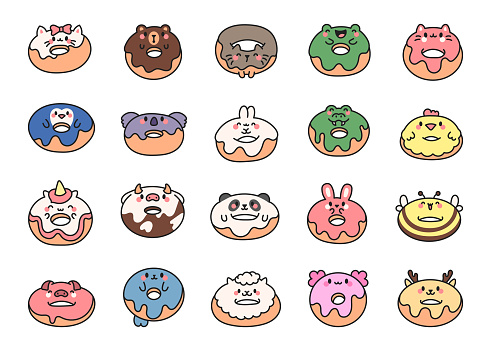 Cute kawaii donut with animal face. Cartoon funny food. Hand drawn style. Vector drawing. Collection of design elements.