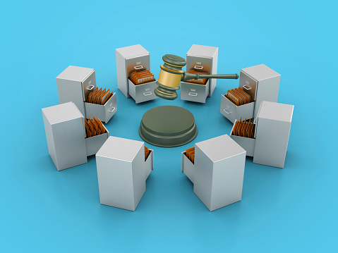 Legal Gavel with Archives - Colored Background - 3D Rendering