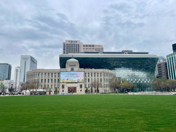 Seoul, Korea - April 3rd 2024, Spring starts here Seoul Square, the popular place, Seoul City Hall in Downtown Seoul Korea. 서울 시청앞