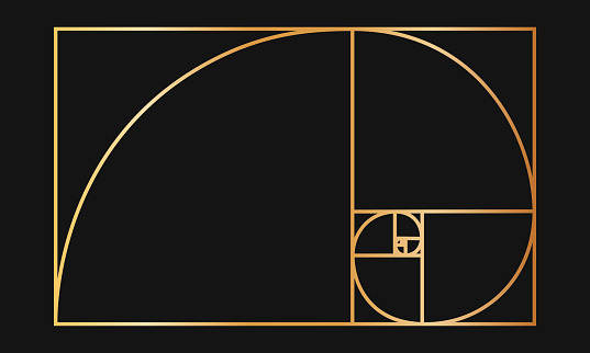 Golden ratio template. Gold logarithmic spiral in rectangle frame divided on squares. Fibonacci sequence grid. Leonardo da Vinci divine proportion. Ideal nature symmetry layout. Vector illustration.