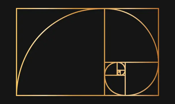 Vector illustration of Golden ratio template. Gold logarithmic spiral in rectangle frame divided on squares. Fibonacci sequence grid. Leonardo da Vinci divine proportion. Ideal nature symmetry layout. Vector illustration