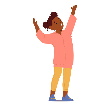 Small Child Character with Hand Reaching Skyward, Fingers Stretching Toward The Heavens, Eyes Wide With Wonder And Curiosity, Black Girl Seeking Something Beyond. Cartoon People Vector Illustration