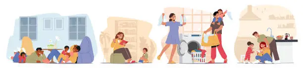 Vector illustration of Happy Family Scenes At Home. Parents And Little Kids Characters Spend Time Together, Enjoying Laundry Chores