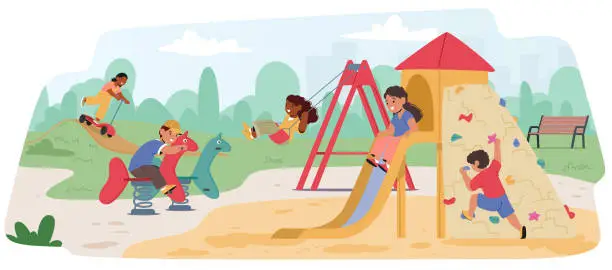 Vector illustration of Laughing Children Swarm The Playground, Swinging Energetically, Sliding Swiftly, And Climbing With Fearless Joy