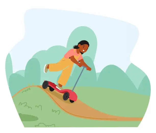 Vector illustration of Joyful Child Zips Around The Playground On A Scooter, Laughter Trailing Behind. Girl Character Navigates Yard