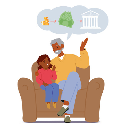 Grandfather Character Imparts Financial Wisdom To Child, Teaching Investment Basics, Instilling A Lifelong Finance Education. Family Communication Scene. Cartoon People Vector Illustration