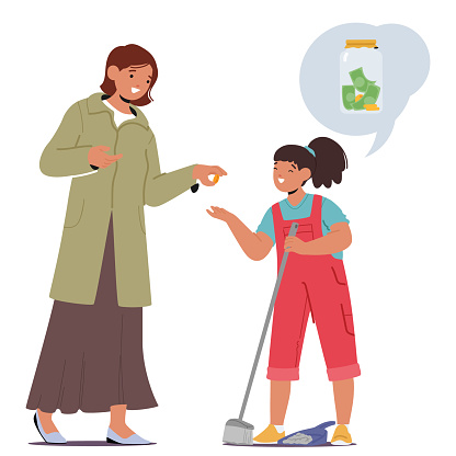 Mother Character Guides Her Daughter, Showing Her How To Insert Coins Into A Moneybox, Instilling The Valuable Lesson Of Saving Money For The Future With Care And Patience. Cartoon Vector Illustration