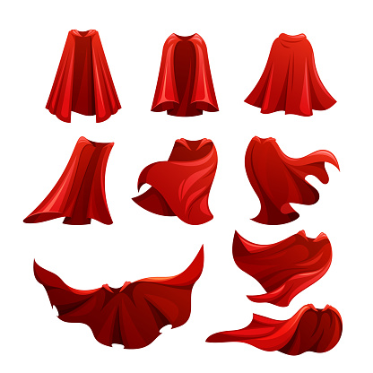 Cartoon Vector Collection of Red or Crimson Flowing Cloaks Billowing Behind, Symbolizing Courage, Protection, And Enigmatic Allure Of The Masked Vigilante. Scarlet Super Hero Cloaks Front, Back, Side