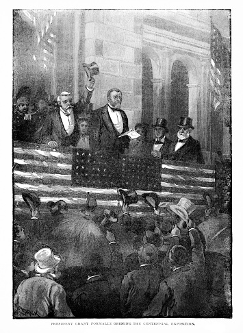 In1876, the Centennial Exposition celebrating 100 years of America's independence, was officially opened by President Ulysses S Grant in Philadelphia, Pennsylvania, USA. The first world's fair. Engraving published 1895. This edition is in my private collection. Copyright is in public domain.
