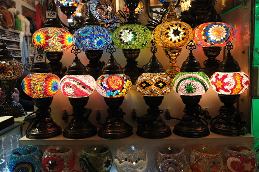 Colorful decorative souvenir mosaic lamps with Ottoman style traditional motifs sold at the Spice Bazaar in Istanbul