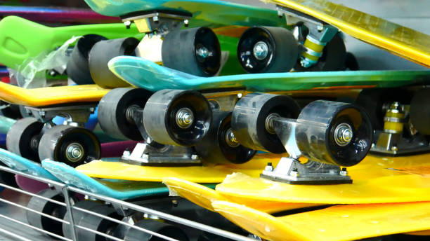 istock Close-up of many colorful skateboards 2147185678
