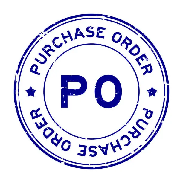 Vector illustration of Grunge blue PO purchase order word round rubber seal stamp on white background