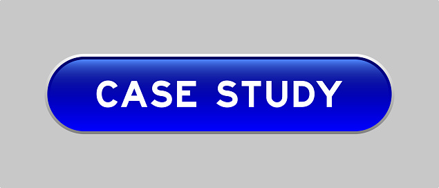 Blue color capsule shape button with word case study on gray background