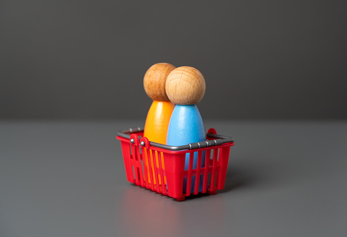 Buyers are sitting in a shopping basket. Buyer preferences. Market basket research. Gain insight into the hearts and minds of consumers. Products and marketing strategies