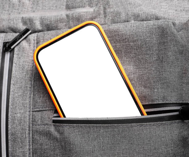 Mobile phone screen mockup sticking out from pocket. Smartphone display mock up peeking