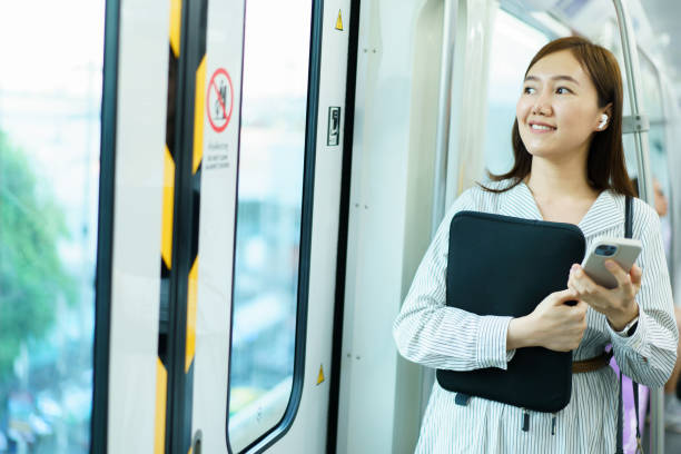 istock Businesswoman using smartphone while traveling on a train. 2147257729