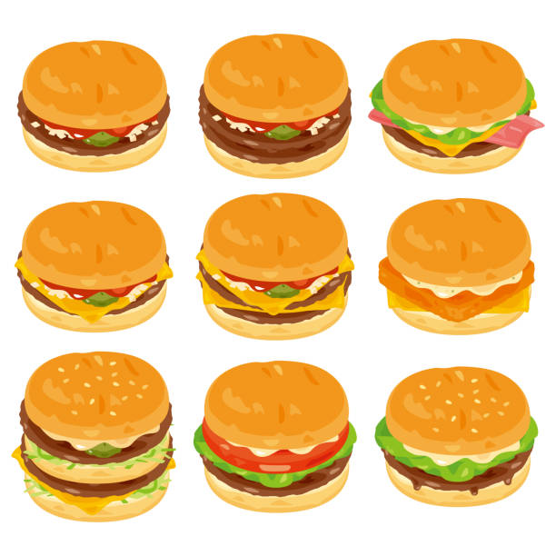 ilustraciones, imágenes clip art, dibujos animados e iconos de stock de varios tipos de hamburguesas set - hamburguesa de carne
