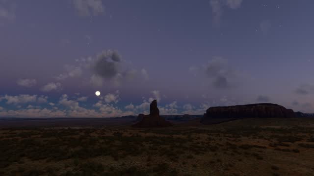 Aerial view at night of the desert at the Big Indian Chief monolith in Monument Valley in Arizona. United States