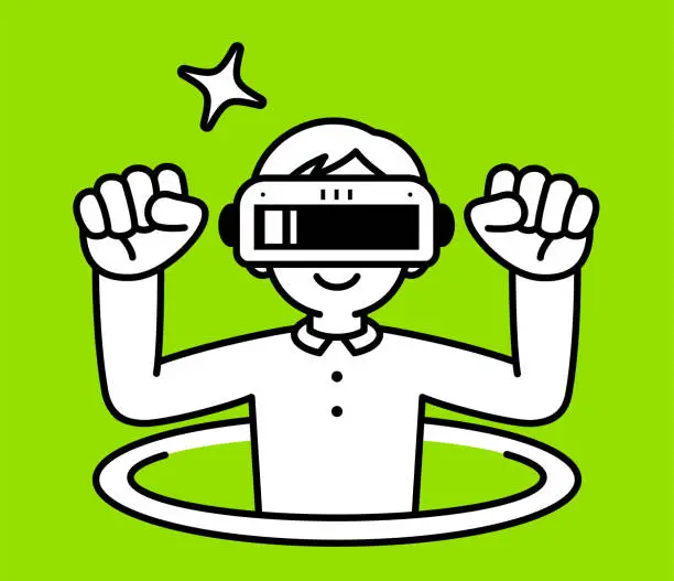 Vector illustration of A boy wearing a virtual reality headset or VR glasses pops out of a virtual hole into the metaverse, he is flexing his biceps to show his power, looking at the viewer, minimalist style, black and white outline