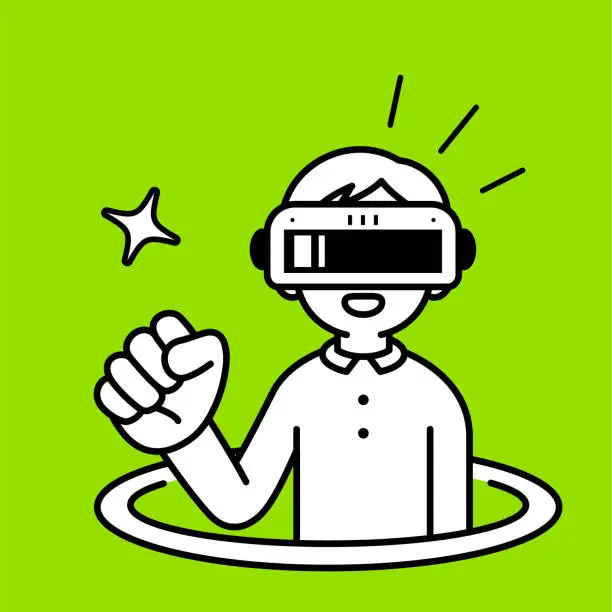 Vector illustration of A boy wearing a virtual reality headset or VR glasses pops out of a virtual hole into the metaverse, he is cheering with a fist pump, looking at the viewer, minimalist style, black and white outline