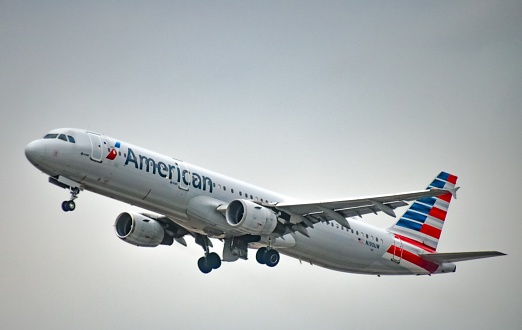 American Airlines Airbus A320 aircraft taking off from the Phoenix Sky Harbor International Airport, Arizona USA.