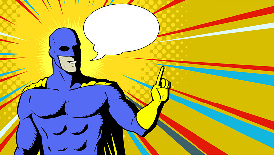 A retro pop art style vector illustration of a superhero politely giving advice. Wide space available for your text. Perfect as Meme.