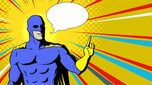 Vector illustration of Vector Retro Pop Art Politely Giving Advice Superhero Meme Stock Illustration