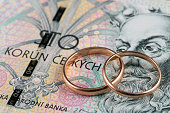 Wedding rings and a 100 Czech crown banknote