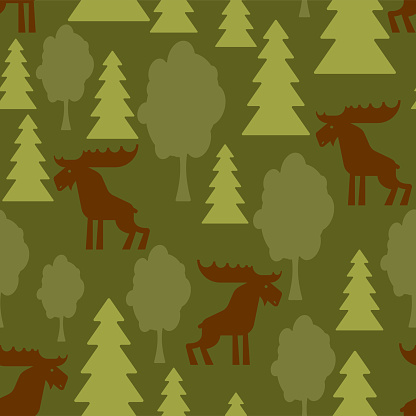 Elk in forest Military Pattern seamless. Deer and trees Soldierly and protective Background. Army fabric ornament