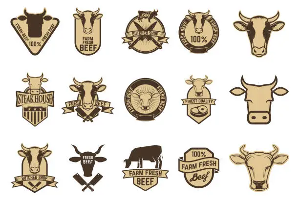 Vector illustration of Set of the fresh beef sign. Cow icons. Butchery labels. Design elements for label, emblem, sign.