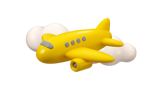 Vector 3d plane in sky icon. Simple cartoon render, flying yellow airplane in the clouds, isolated on white background. Summer vacation flight concept, travel jet illustration. Worldwide delivery