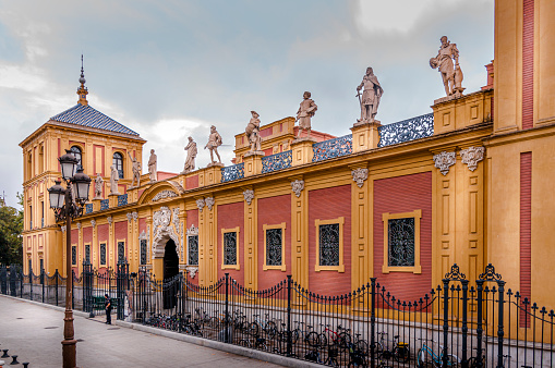 San Telmo Palace, at golden hour. Baroque building, government seat. Vibrant colors. Panoramic view