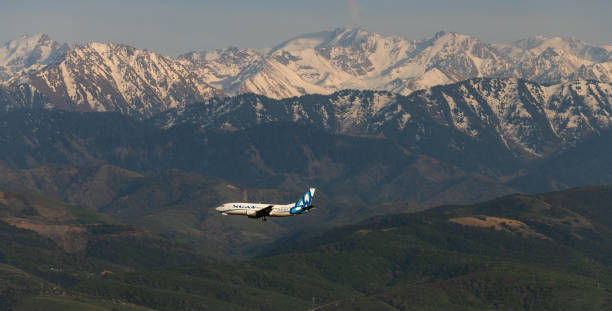 пассажирский самолет boeing 737-300 казахстанской авиакомпании «скат» совершает посадку недалеко от города алматы - airplane boeing 747 isolated commercial airplane стоковые фото и изображения