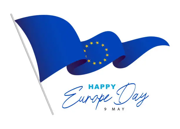 Vector illustration of Happy Europe Day - May 9th. The European flag on the flagpole is fluttering in the wind. 12 five-pointed yellow stars.