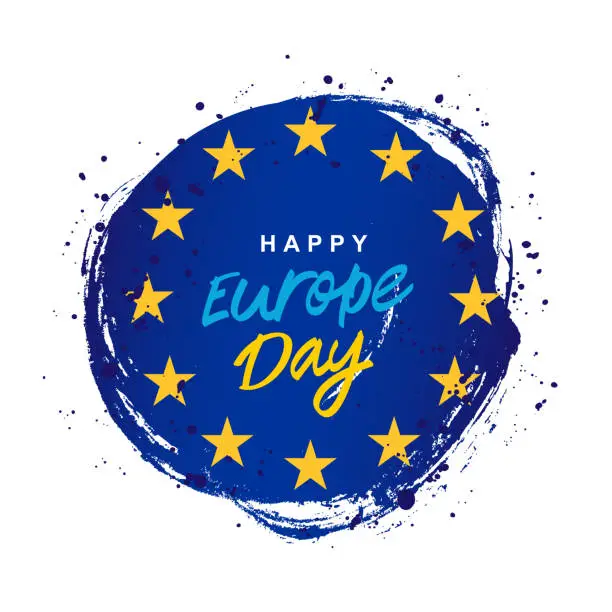 Vector illustration of Round spot of blue paint, hand-drawn. The flag of Europe with 12 five-pointed stars. Happy Europe Day. Vector illustration