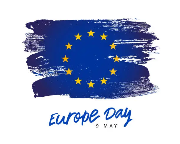 Vector illustration of Beautiful inscription - May 9th - Europe Day. A hand-drawn flag of Europe. 12 yellow stars. Smears of blue paint. Vector illustration