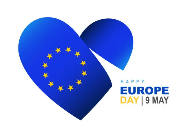 Vector illustration of Big blue heart with 12 five-pointed yellow stars is a symbol of the flag of Europe. Happy Europe Day on May 9th. Vector illustration