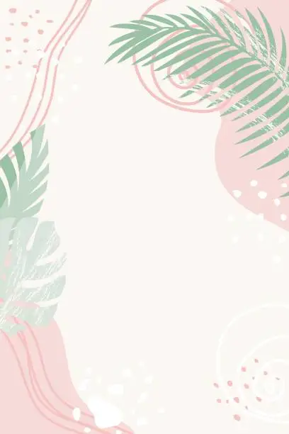 Vector illustration of Summer background with tropical leaves. Tropical colorful summer background in pastel colors,template for banner, menu, invitation.