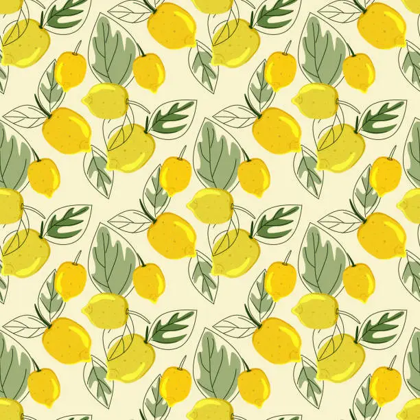 Vector illustration of Tropical seamless background with yellow lemons.