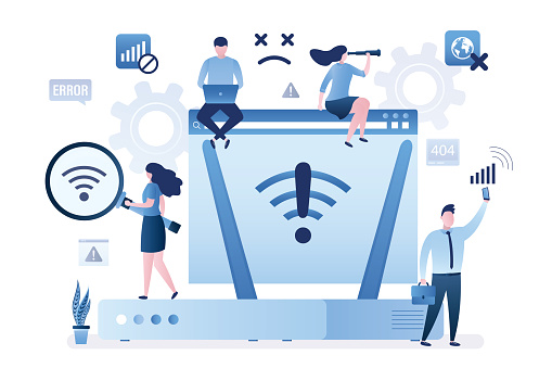 Users without internet connection, wifi unavailable, wi-fi has no internet. Unhappy people using gadgets offline and confused because there is no wifi signal. Problems with router and network. vector