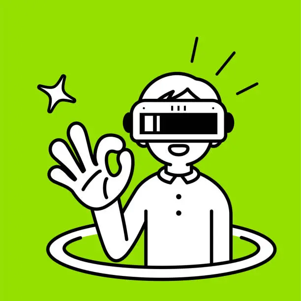 Vector illustration of A boy wearing a virtual reality headset or VR glasses pops out of a virtual hole and into the metaverse, he is gesturing an OK hand sign, looking at the viewer, no problem, Smooth progress, minimalist style, black and white outline