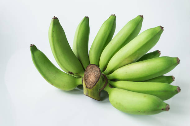istock Green raw banana on white background 2147491524