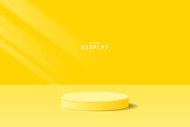 istock Realistic yellow 3D cylinder podium pedestal with light shines on the stage. Scene for product mockup. 3D vector geometric platform. Stage for showcase. Vector pedestal rendered in clean studio room. 2147491643