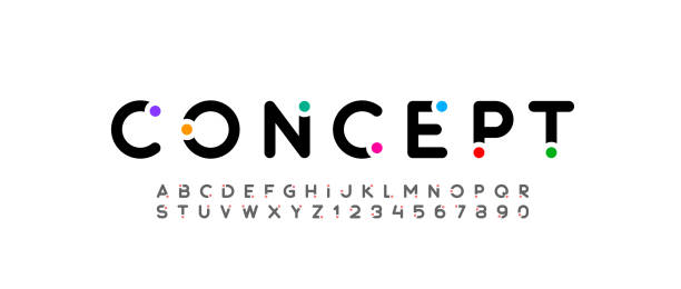 Font creative modern alphabet with dots Font alphabet with multi-colored dots, letters and numbers, vector illustration 10EPS letter f fonts stock illustrations